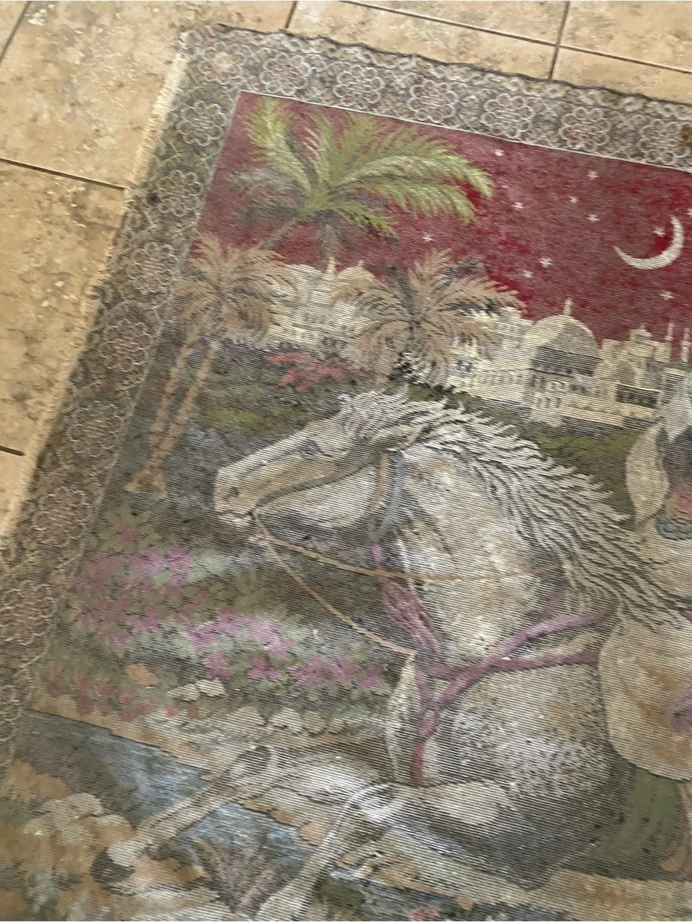 Vintage Arabian Nights Velvet Pictorial Tapestry Wall Hanging Rug Large 68”x46”